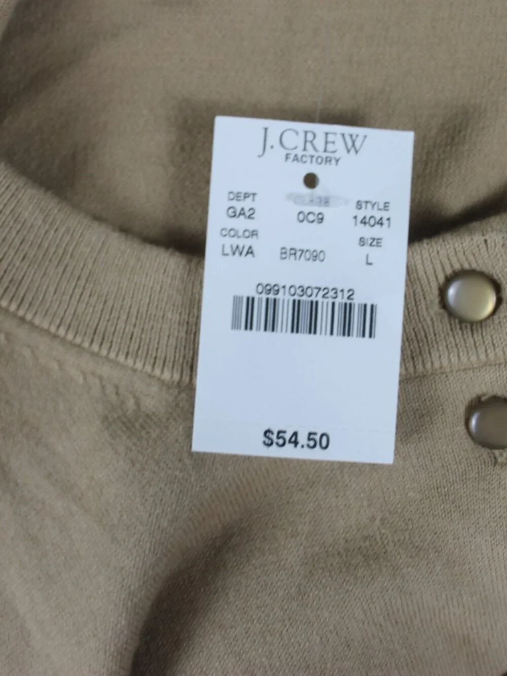 J. Crew The Clare Cardigan Women's Size L 3/4 Sleeve Cotton Sweater Tan NWT